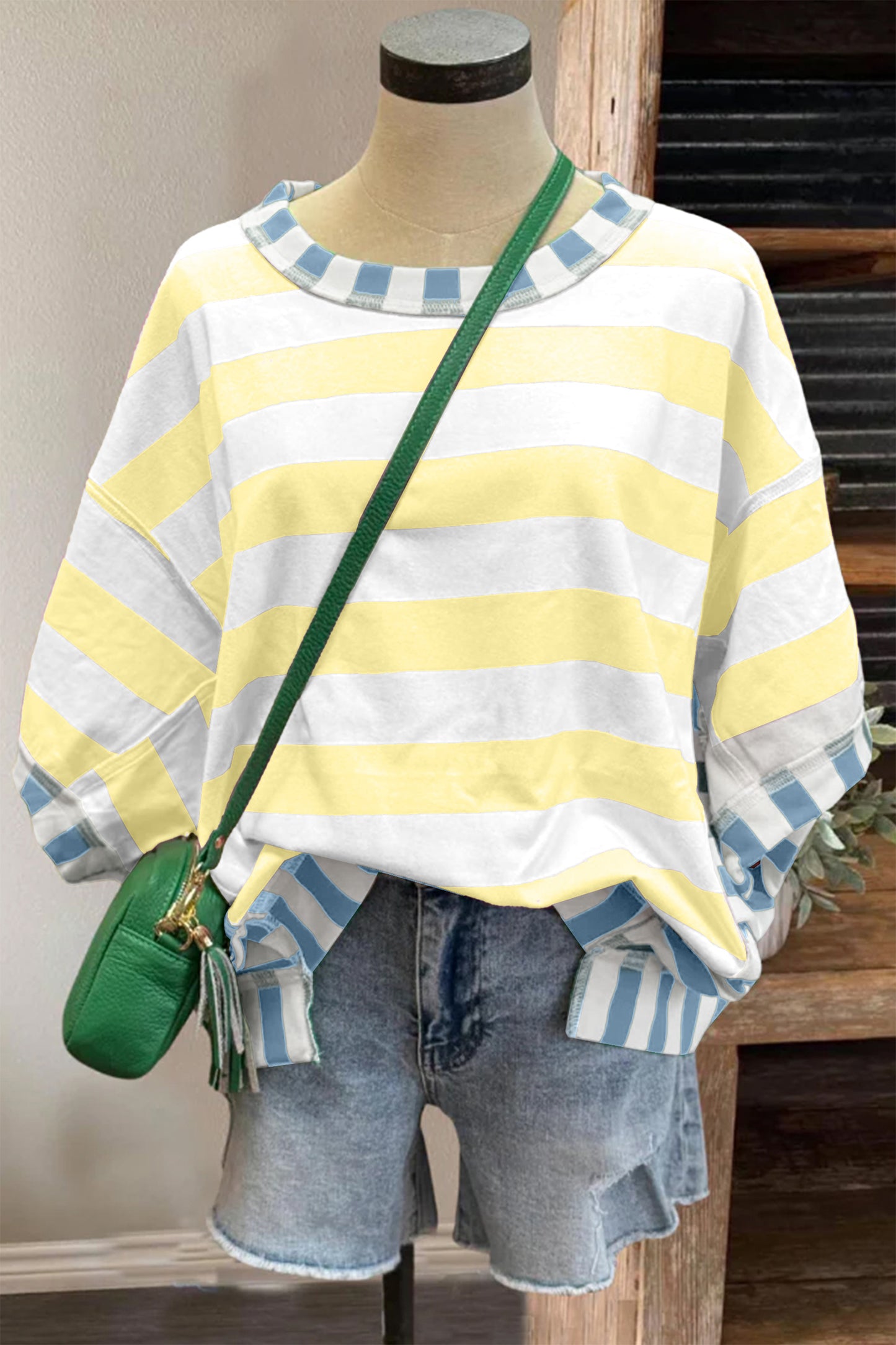 Blue and Yellow Stripe Exposed Seam Oversized Top