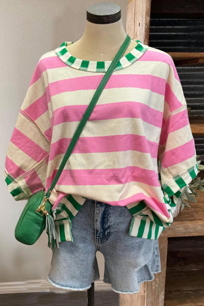Pink and Green Stripe Exposed Seam Oversized Top