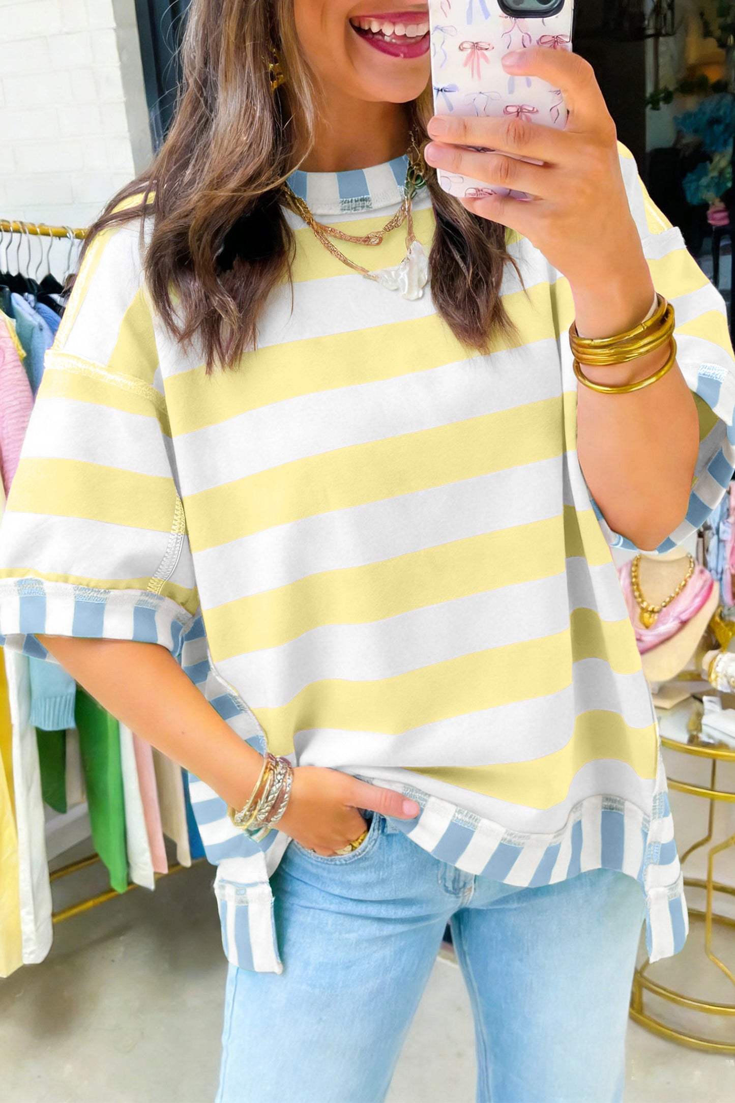 Blue and Yellow Stripe Exposed Seam Oversized Top