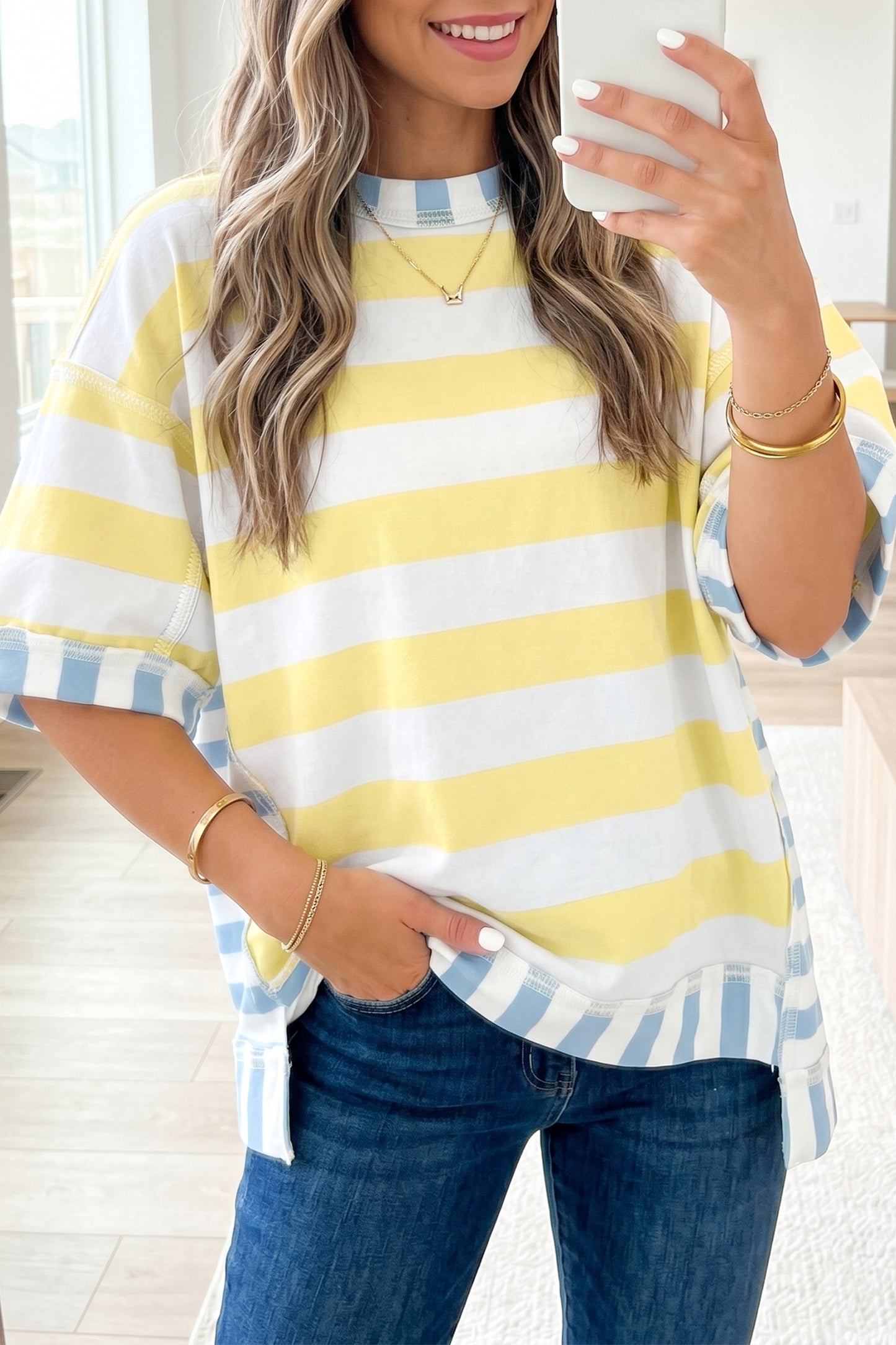 Blue and Yellow Stripe Exposed Seam Oversized Top