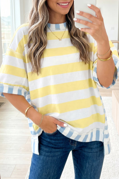 Blue and Yellow Stripe Exposed Seam Oversized Top